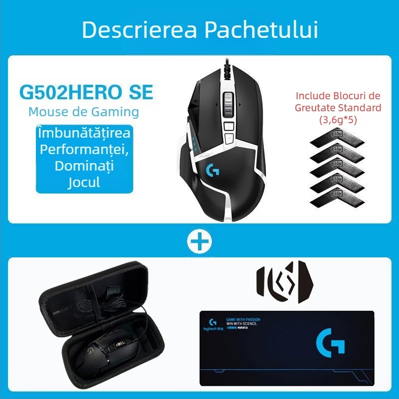 Logitech G502HERO Mouse cu fir pentru jocuri, Master SE, electric, competiție, contragreutate mecanică, mâncare pui cf, programare macro, despachetare