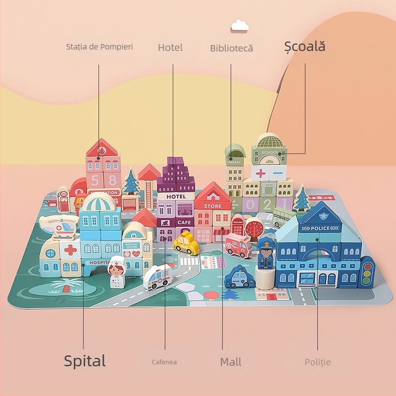 Blocuri de construcție din lemn pentru copii CPC, peisaj urban, stradă, personaj colorat, animal, mașină, particule mari, blocuri de construcție, jucărie cu țeavă