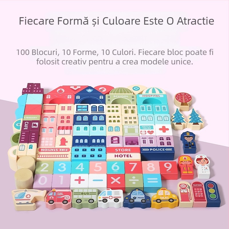 Blocuri de construcție din lemn pentru copii CPC, peisaj urban, stradă, personaj colorat, animal, mașină, particule mari, blocuri de construcție, jucărie cu țeavă