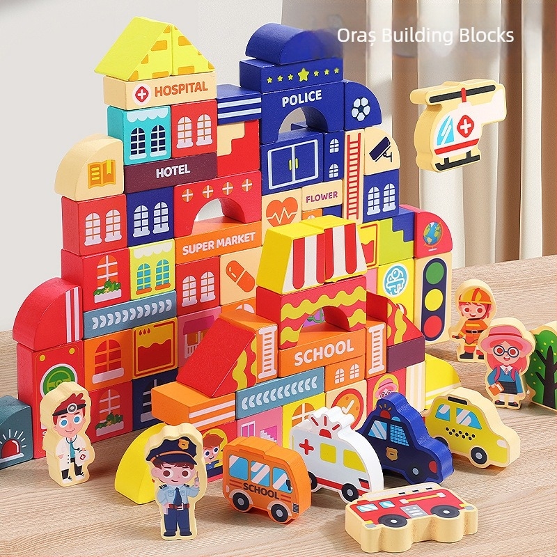 Blocuri de construcție din lemn pentru copii CPC, peisaj urban, stradă, personaj colorat, animal, mașină, particule mari, blocuri de construcție, jucărie cu țeavă