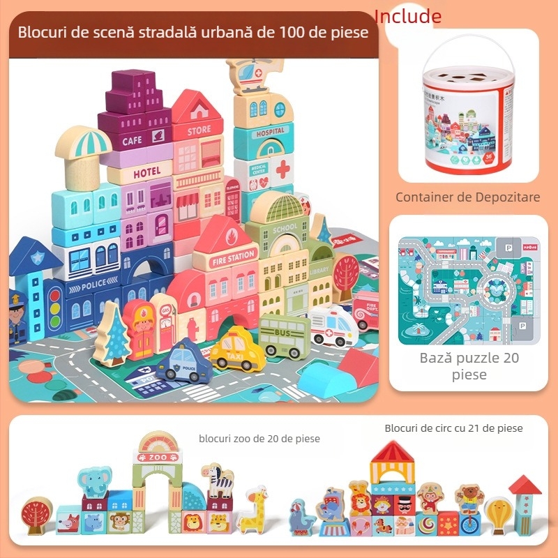 Blocuri de construcție din lemn pentru copii CPC, peisaj urban, stradă, personaj colorat, animal, mașină, particule mari, blocuri de construcție, jucărie cu țeavă