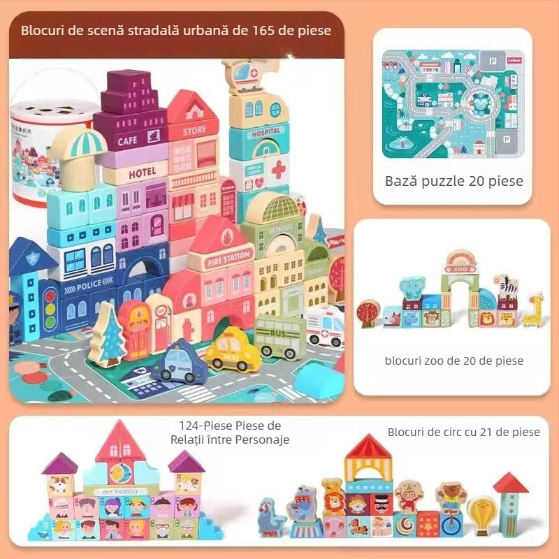 Blocuri de construcție din lemn pentru copii CPC, peisaj urban, stradă, personaj colorat, animal, mașină, particule mari, blocuri de construcție, jucărie cu țeavă