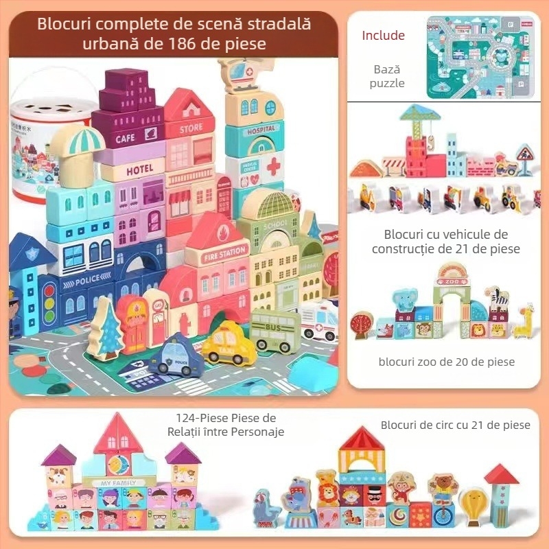 Blocuri de construcție din lemn pentru copii CPC, peisaj urban, stradă, personaj colorat, animal, mașină, particule mari, blocuri de construcție, jucărie cu țeavă