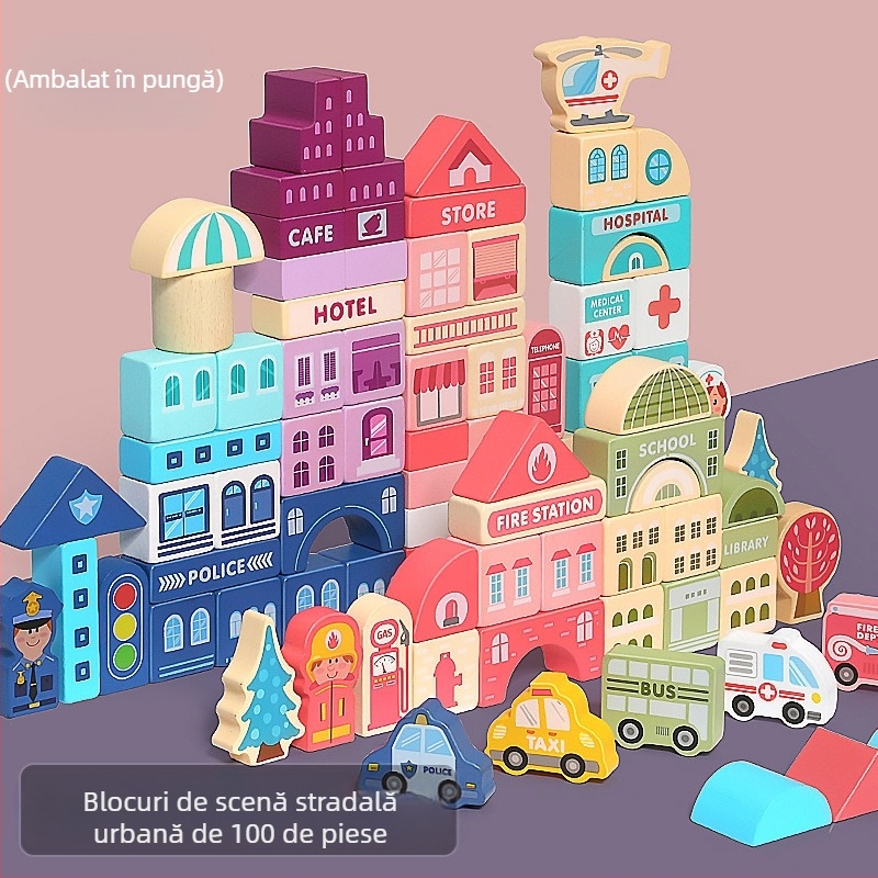Blocuri de construcție din lemn pentru copii CPC, peisaj urban, stradă, personaj colorat, animal, mașină, particule mari, blocuri de construcție, jucărie cu țeavă