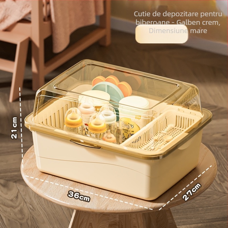 Cutie de depozitare a biberoanelor, articole pentru bebeluși, raft de scurgere anti-praf cu capac, tacâmuri pentru bebeluși, jucării, cutie de depozitare a suplimentelor alimentare pentru nou-născuți