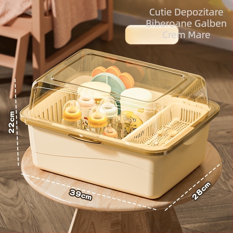 Cutie de depozitare a biberoanelor, articole pentru bebeluși, raft de scurgere anti-praf cu capac, tacâmuri pentru bebeluși, jucării, cutie de depozitare a suplimentelor alimentare pentru nou-născuți