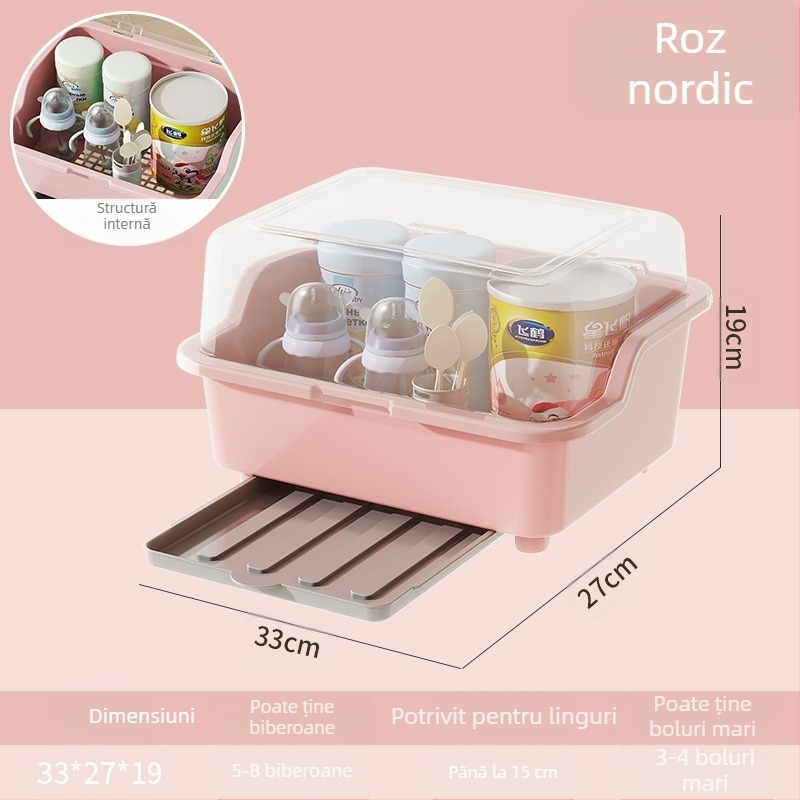 Cutie de depozitare a biberoanelor, articole pentru bebeluși, raft de scurgere anti-praf cu capac, tacâmuri pentru bebeluși, jucării, cutie de depozitare a suplimentelor alimentare pentru nou-născuți