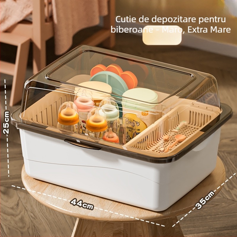 Cutie de depozitare a biberoanelor, articole pentru bebeluși, raft de scurgere anti-praf cu capac, tacâmuri pentru bebeluși, jucării, cutie de depozitare a suplimentelor alimentare pentru nou-născuți