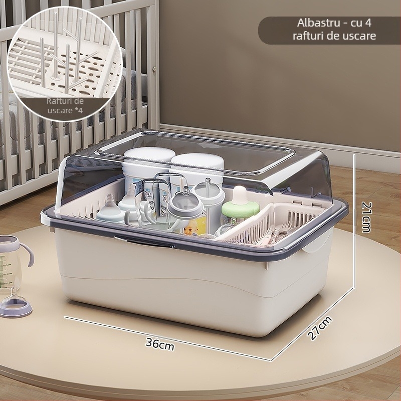 Cutie de depozitare a biberoanelor, articole pentru bebeluși, raft de scurgere anti-praf cu capac, tacâmuri pentru bebeluși, jucării, cutie de depozitare a suplimentelor alimentare pentru nou-născuți