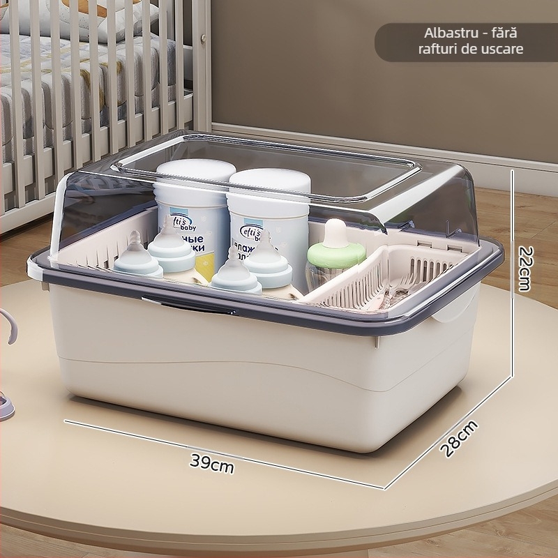 Cutie de depozitare a biberoanelor, articole pentru bebeluși, raft de scurgere anti-praf cu capac, tacâmuri pentru bebeluși, jucării, cutie de depozitare a suplimentelor alimentare pentru nou-născuți