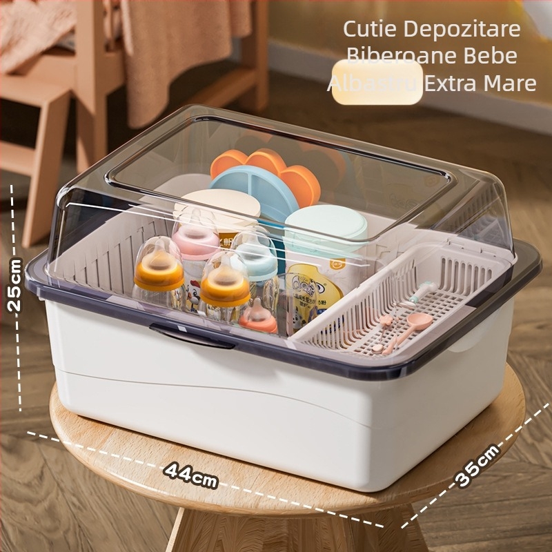 Cutie de depozitare a biberoanelor, articole pentru bebeluși, raft de scurgere anti-praf cu capac, tacâmuri pentru bebeluși, jucării, cutie de depozitare a suplimentelor alimentare pentru nou-născuți