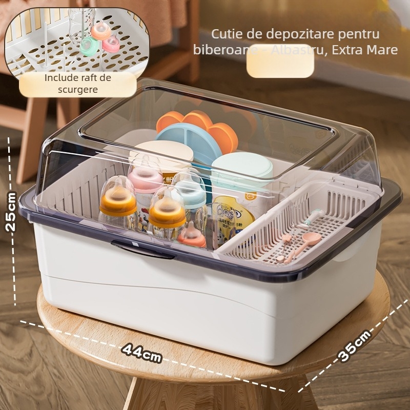 Cutie de depozitare a biberoanelor, articole pentru bebeluși, raft de scurgere anti-praf cu capac, tacâmuri pentru bebeluși, jucării, cutie de depozitare a suplimentelor alimentare pentru nou-născuți