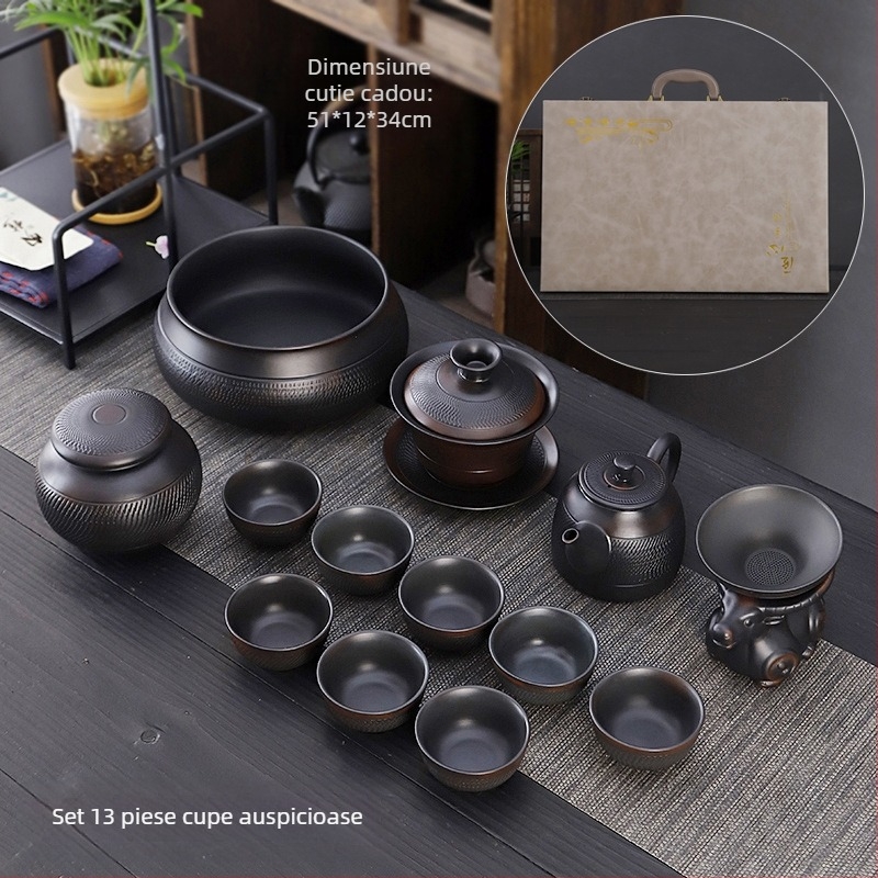 Set de ceai kung fu din ceramică violet, costum retro de uz casnic simplu, capac de ceainic, bol, accesorii pentru set de ceai, culoare înaltă, cadou manual, valoare