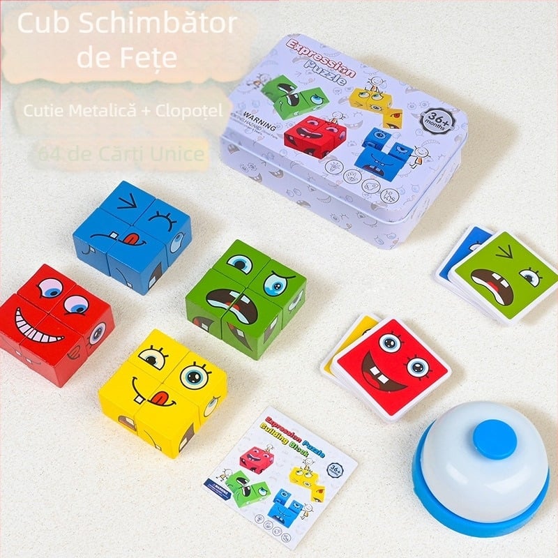 Cub Rubik pentru copii, cu fața schimbătoare, blocuri de construcție, jucării educative, joc de luptă interactiv pentru desktop, părinte-copil, model zâmbitor din lemn, cub Rubik