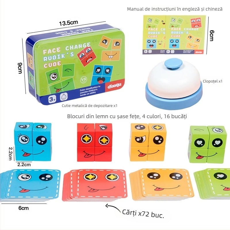 Cub Rubik pentru copii, cu fața schimbătoare, blocuri de construcție, jucării educative, joc de luptă interactiv pentru desktop, părinte-copil, model zâmbitor din lemn, cub Rubik