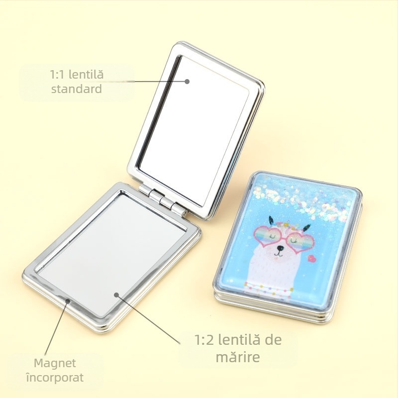 Oglindă de machiaj portabilă în stoc, oglindă de înfrumusețare dreptunghiulară cu nisip lichid la modă, oglindă de machiaj mini pliabilă cu două fețe pentru femei