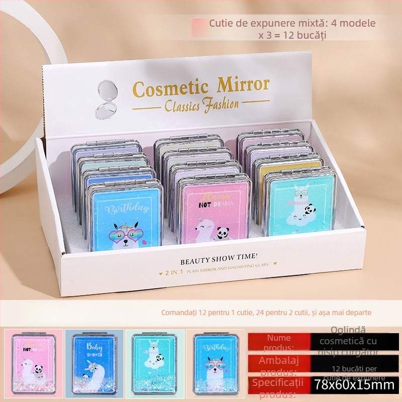 Oglindă de machiaj portabilă în stoc, oglindă de înfrumusețare dreptunghiulară cu nisip lichid la modă, oglindă de machiaj mini pliabilă cu două fețe pentru femei