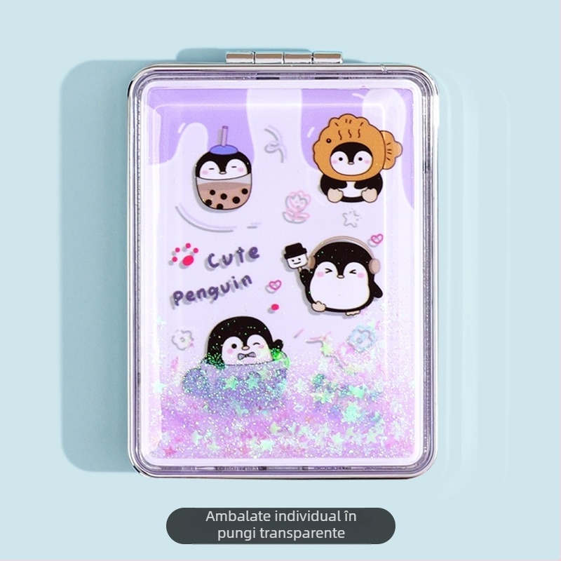 Oglindă de machiaj portabilă în stoc, oglindă de înfrumusețare dreptunghiulară cu nisip lichid la modă, oglindă de machiaj mini pliabilă cu două fețe pentru femei