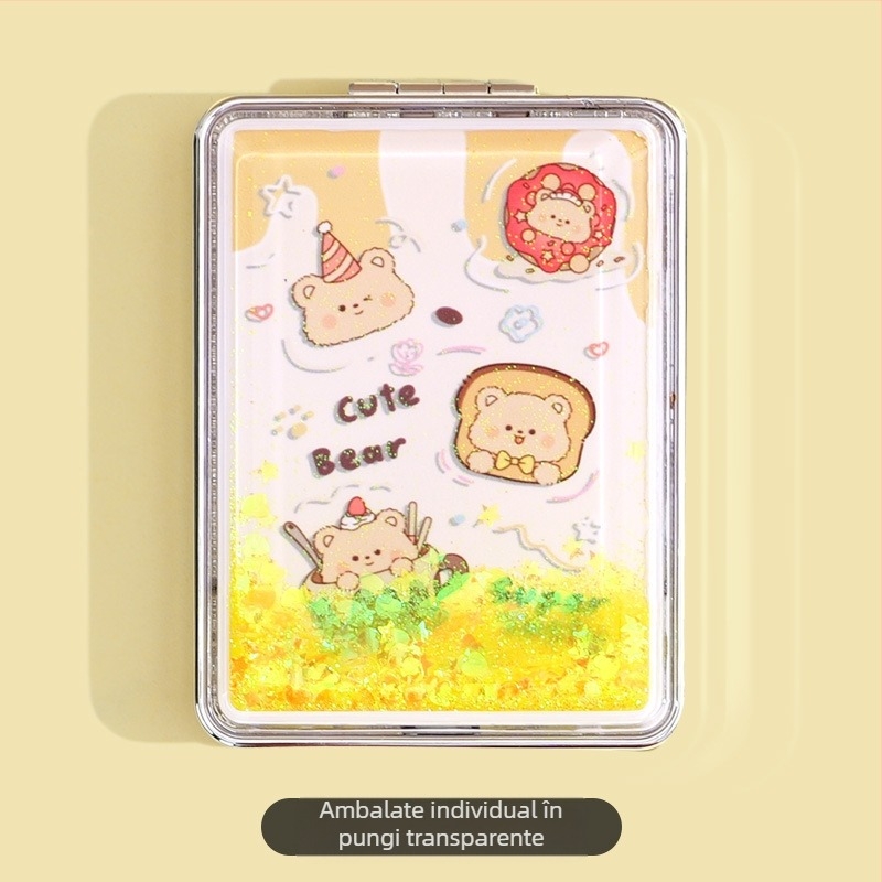 Oglindă de machiaj portabilă în stoc, oglindă de înfrumusețare dreptunghiulară cu nisip lichid la modă, oglindă de machiaj mini pliabilă cu două fețe pentru femei