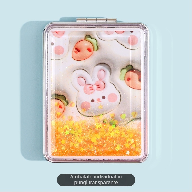 Oglindă de machiaj portabilă în stoc, oglindă de înfrumusețare dreptunghiulară cu nisip lichid la modă, oglindă de machiaj mini pliabilă cu două fețe pentru femei