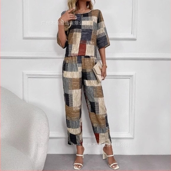 2025 Moda europeană și americană transfrontalieră Noua vară model geometric cu mânecă scurtă top și costum de pantaloni de morcov