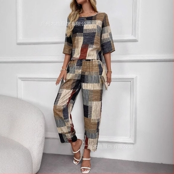 2025 Moda europeană și americană transfrontalieră Noua vară model geometric cu mânecă scurtă top și costum de pantaloni de morcov