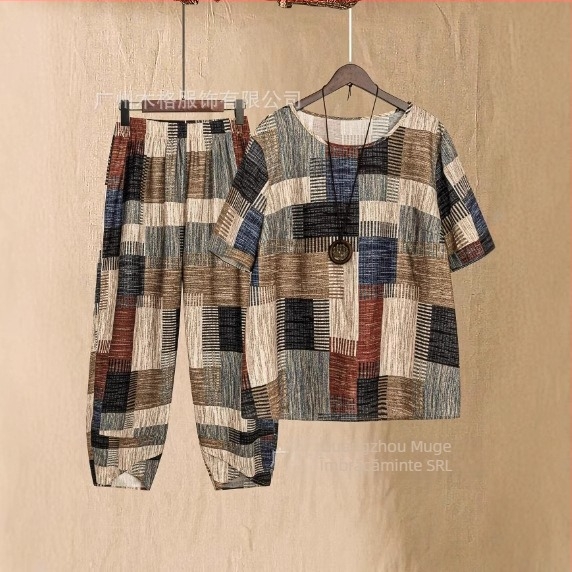 2025 Moda europeană și americană transfrontalieră Noua vară model geometric cu mânecă scurtă top și costum de pantaloni de morcov