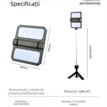Lampă de camping pliabilă telescopică ultra-lungă cu LED-uri reîncărcabile, de înaltă luminozitate, pentru exterior, cu suport, lumină de cort de camping, reflector portabil