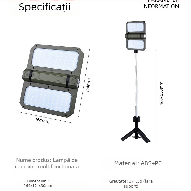 Lampă de camping pliabilă telescopică ultra-lungă cu LED-uri reîncărcabile, de înaltă luminozitate, pentru exterior, cu suport, lumină de cort de camping, reflector portabil