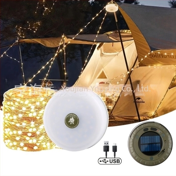 Lumină de atmosferă cu cort de camping în aer liber, stil de depozitare, cu cablu din piele, cu durată lungă de viață, LED-uri colorate, reîncărcabile prin USB