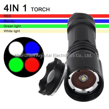 Lanternă transfrontalieră WRGB cu sursă de lumină în patru culori, zoom telescopic, lumină puternică, LED cu rază lungă de acțiune, alb, roșu, albastru și verde, semnalizator