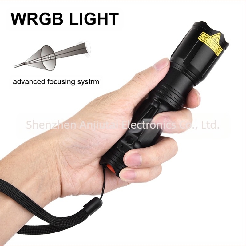 Lanternă transfrontalieră WRGB cu sursă de lumină în patru culori, zoom telescopic, lumină puternică, LED cu rază lungă de acțiune, alb, roșu, albastru și verde, semnalizator