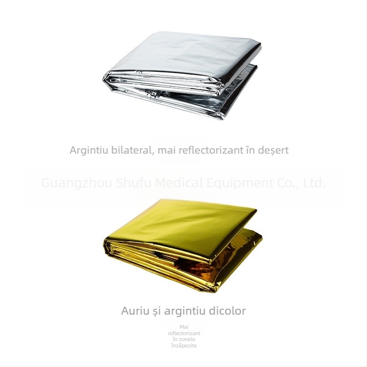 Pătură de prim ajutor aurie 160*210, pătură termică de prim ajutor pentru exterior, pătură de urgență PET, auriu și argintiu, în stoc, în două culori
