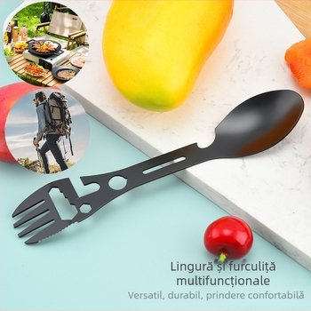 Deschizător de sticle multifuncțional în aer liber, cheie, lingură, deschizător de conserve, furculiță de pește, lingură de camping, tacâmuri, consumabile, lingură