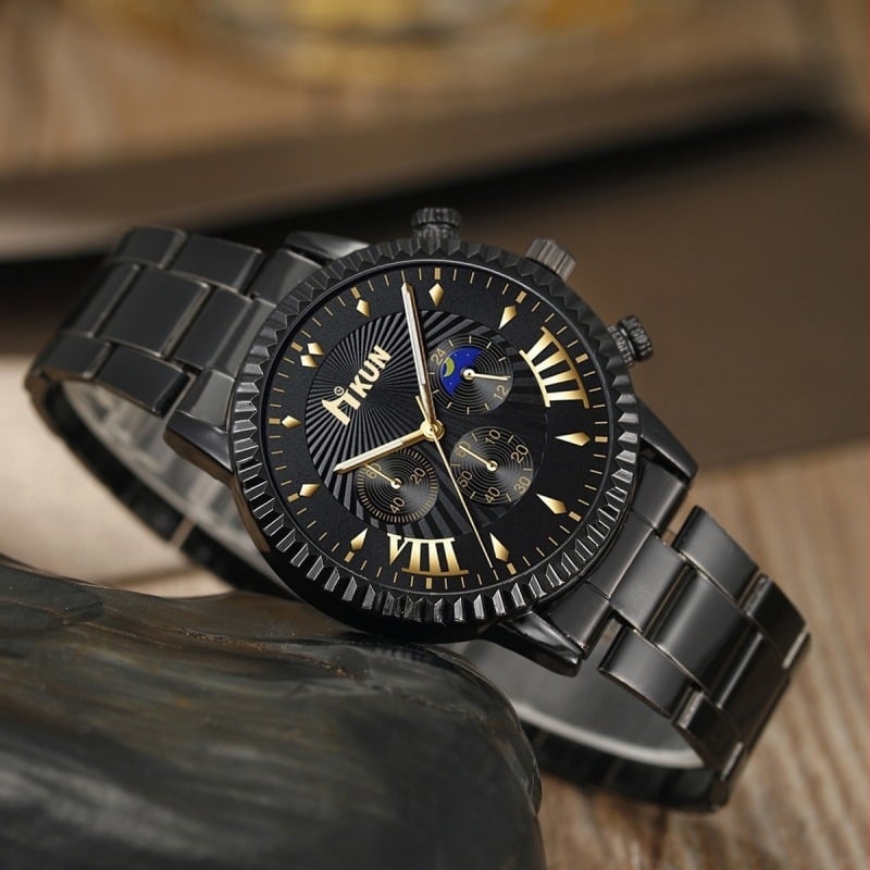 2025 Decor transfrontalier Modă de afaceri elegantă cu cadran cu curea din oțel pentru bărbați Ceas cu cuarț Set cu 5 piese cadou