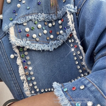 WMNL0001 Jachetă cu mânecă lungă din denim cu mărgele contrastante pentru femei, cu design transfrontalier european și american