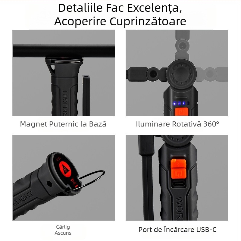 Lampă de lucru multifuncțională cu magnet COB pentru reparații auto, lumină de avertizare LED roșie, lanternă puternică pentru reparații auto