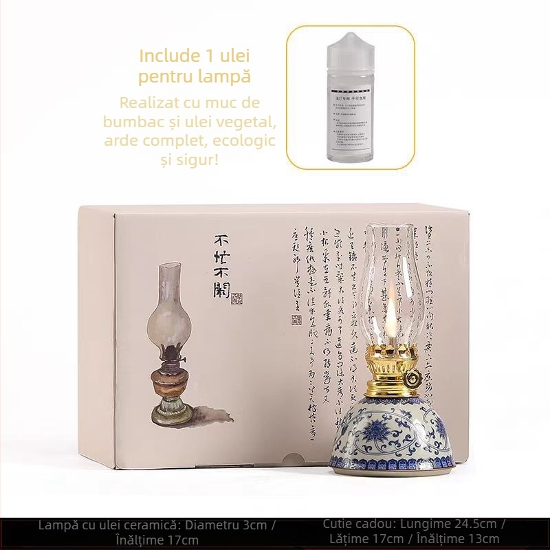 Lampă cu kerosen Guzhi lotus, lampă cu unt din sticlă antică, ceramică albastră și albă, lampă de atmosferă pentru masă de ceai, lampă de camping everbright