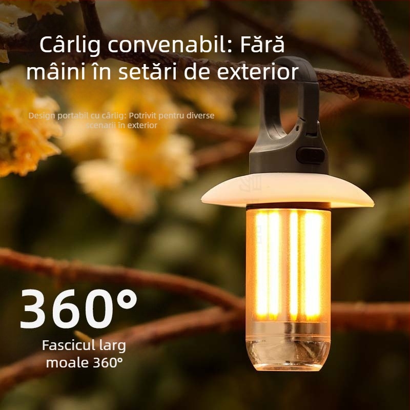 Nouă lampă portabilă de camping multifuncțională, sursă dublă de lumină, două într-una, lampă de cort pentru atmosferă în aer liber, lampă de camping