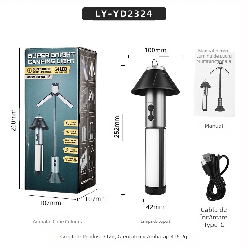 Lampă de camping pliabilă telescopică multifuncțională pentru exterior, iluminare LED, lampă de atmosferă, suport telescopic, lanternă super luminoasă, lampă de cort