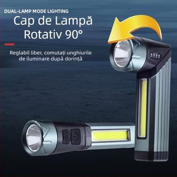 Lanternă transfrontalieră cu lumină puternică și lumină laterală reîncărcabilă de tip C Cob cu magnet, lanternă de lucru la colț de 90 de grade