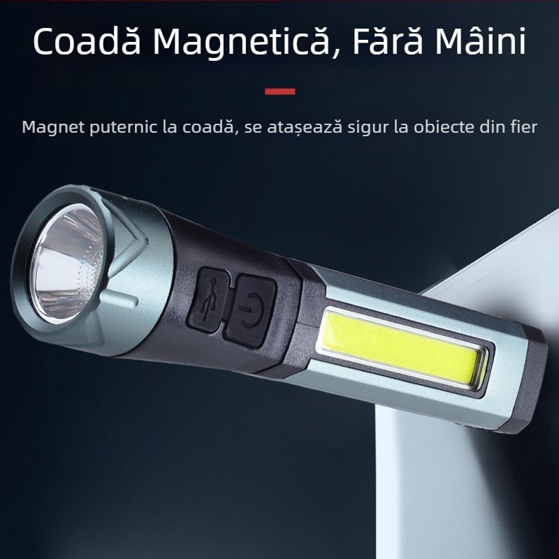 Lanternă transfrontalieră cu lumină puternică și lumină laterală reîncărcabilă de tip C Cob cu magnet, lanternă de lucru la colț de 90 de grade