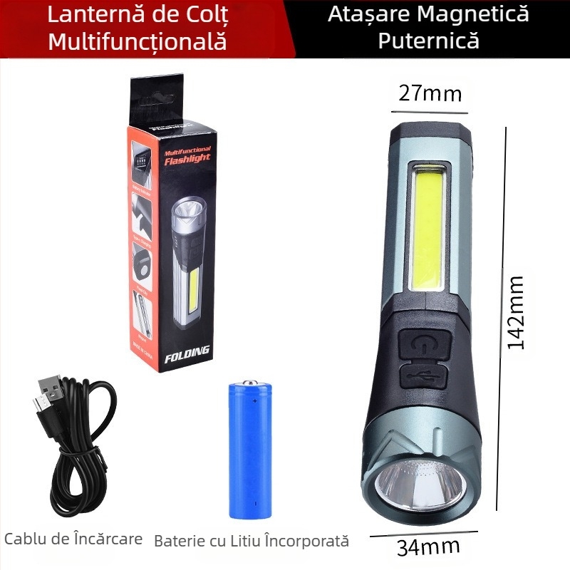 Lanternă transfrontalieră cu lumină puternică și lumină laterală reîncărcabilă de tip C Cob cu magnet, lanternă de lucru la colț de 90 de grade