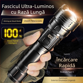 Noua lanternă portabilă cu lumină puternică ABS, focalizare telescopică, afișaj digital, lumină puternică de urgență în aer liber