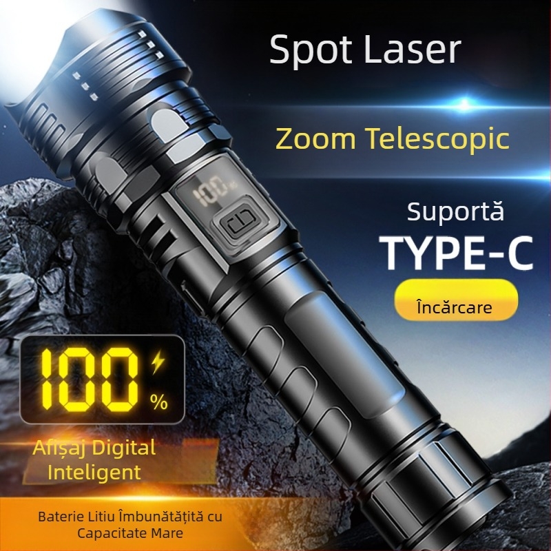 Noua lanternă portabilă cu lumină puternică ABS, focalizare telescopică, afișaj digital, lumină puternică de urgență în aer liber