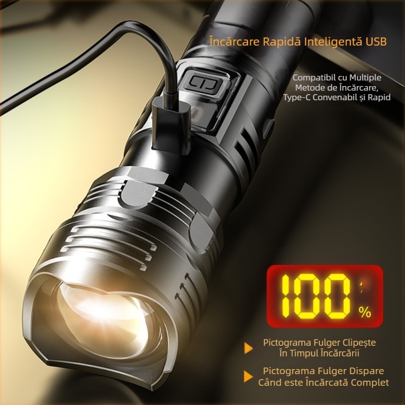 Noua lanternă portabilă cu lumină puternică ABS, focalizare telescopică, afișaj digital, lumină puternică de urgență în aer liber