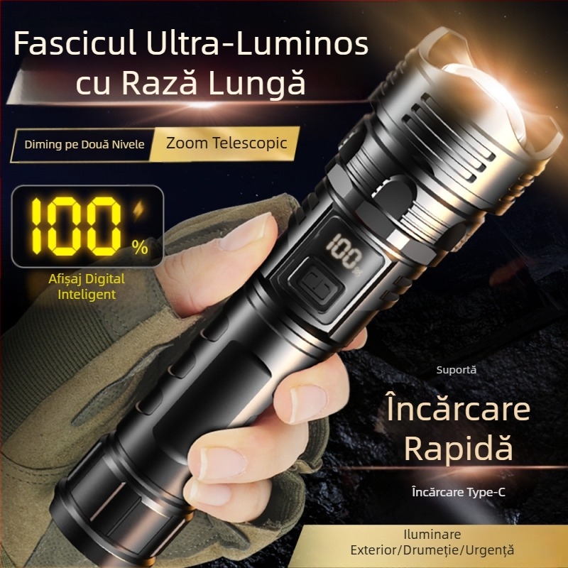 Noua lanternă portabilă cu lumină puternică ABS, focalizare telescopică, afișaj digital, lumină puternică de urgență în aer liber