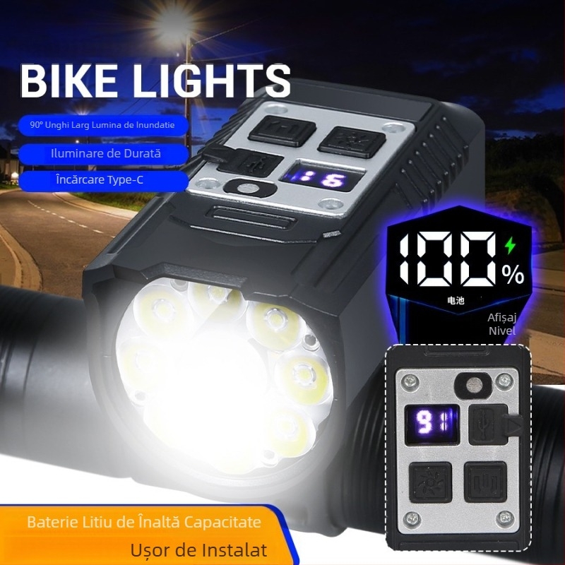 Lumină de ciclism nocturnă cu încărcare transfrontalieră Typec, lumină de drum de munte, lumină de ciclism pentru studenți, cu luminozitate ridicată