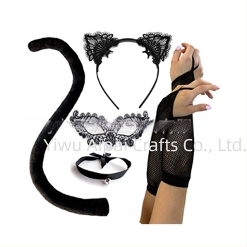Halloween pisică neagră sexy decorare mască de ochi din dantelă urechi de pisică cu bandă de susținere clopot colier coadă de animal