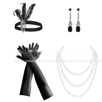 Set de rochii de damă Gatsby anii 1920, bentiță de păr cu pene, mănuși, cercei, colier, patru piese, petrecere, bal
